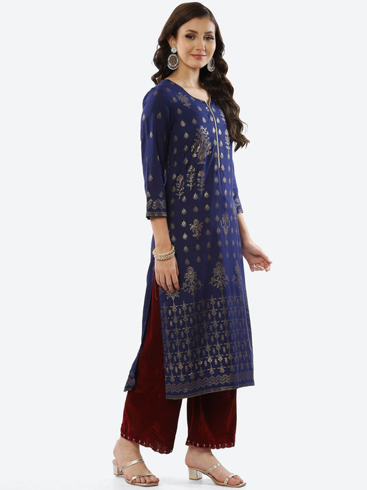 Biba Women Blue Ethnic Motifs Printed Rayon Kurta - Grab2buy