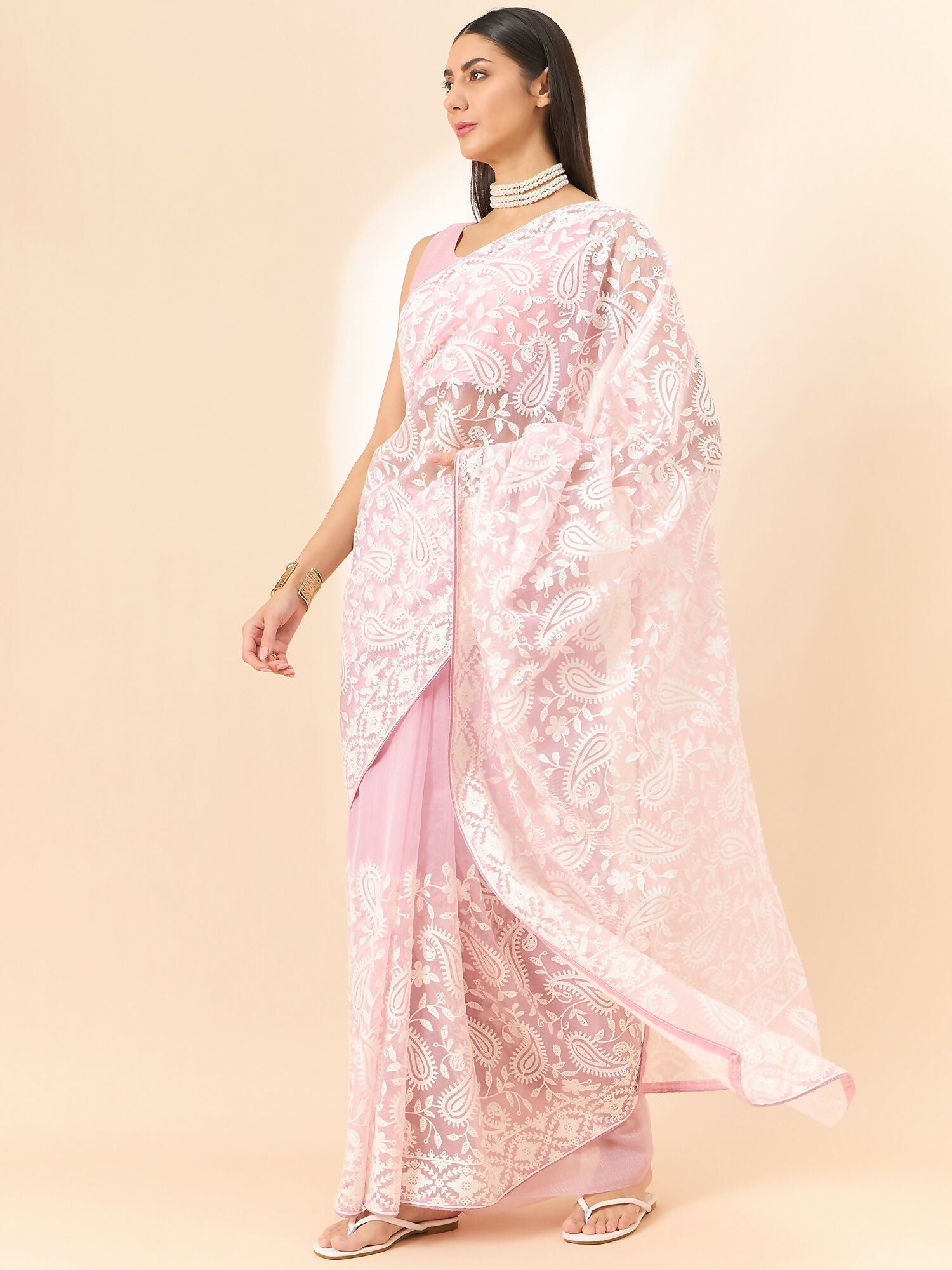 Purple Organza Paisely Embroidered Saree with Unstitched Blouse Piece - Roozal