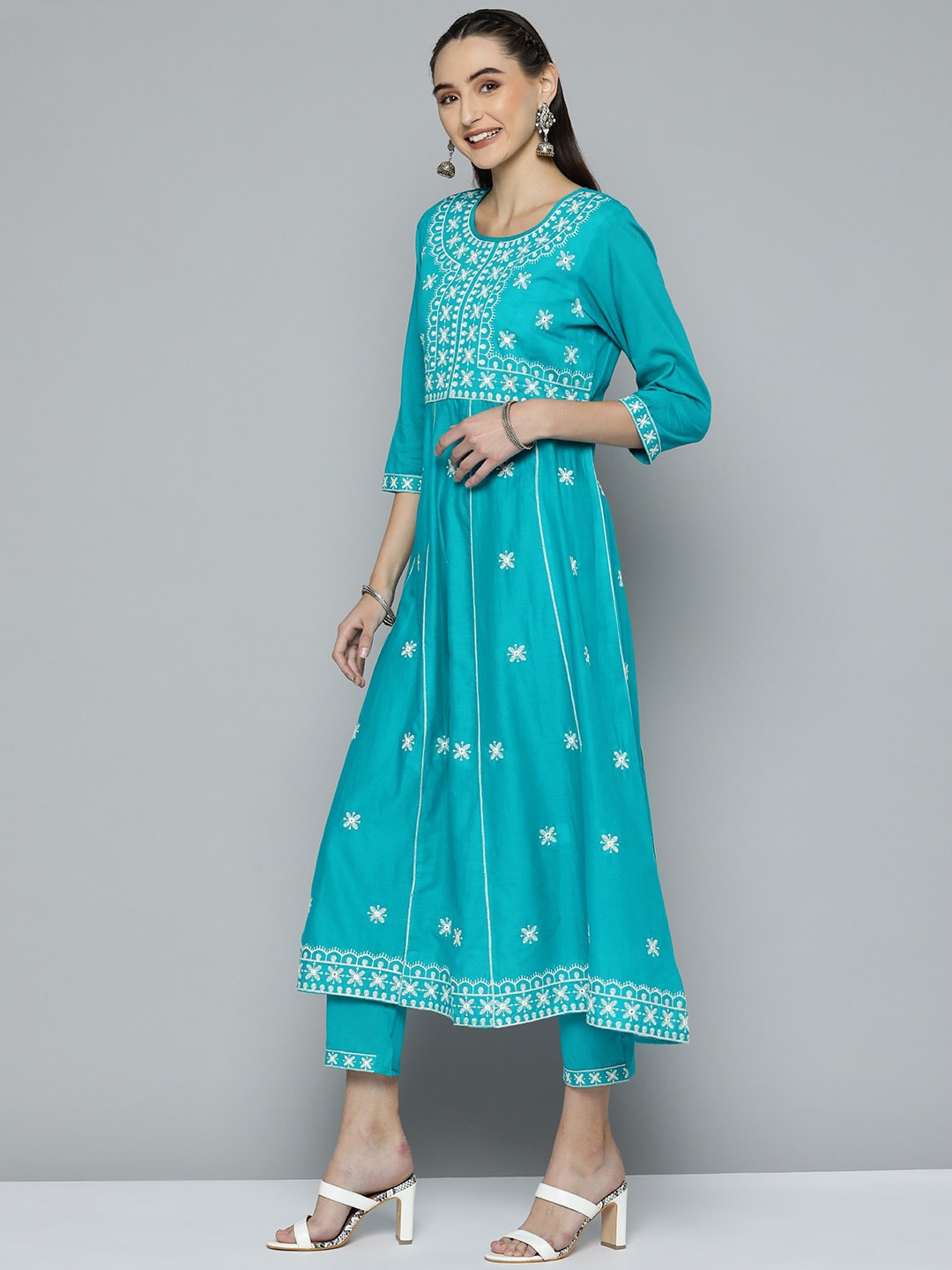 HERE&NOW Women Blue Ethnic Motifs Embroidered Thread Work Kurta with Trousers & With Dupatta