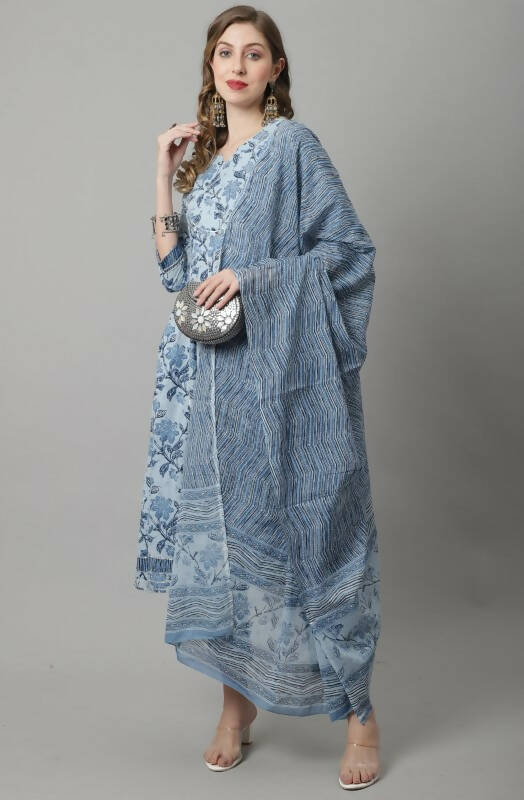 Aastha Fashion Women's Sky Blue Cotton Jaipuri Printed Kurta with Trouser & Dupatta - Grab2buy