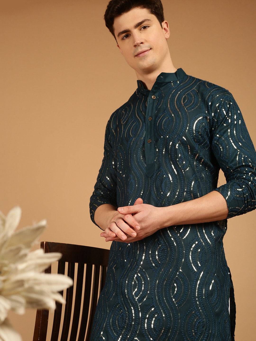 Sojanya Ethnic Motif Embroidered Band Collar Sequinned Pure Cotton Kurta 