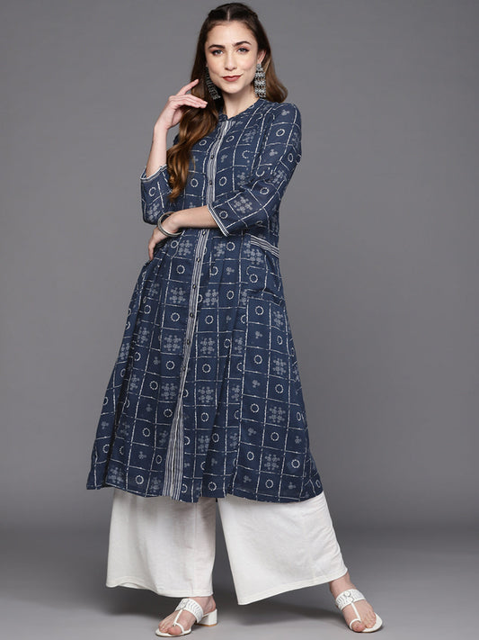 Biba Women Navy Blue & White Ethnic Motifs Printed Kurta with Inner - Grab2buy
