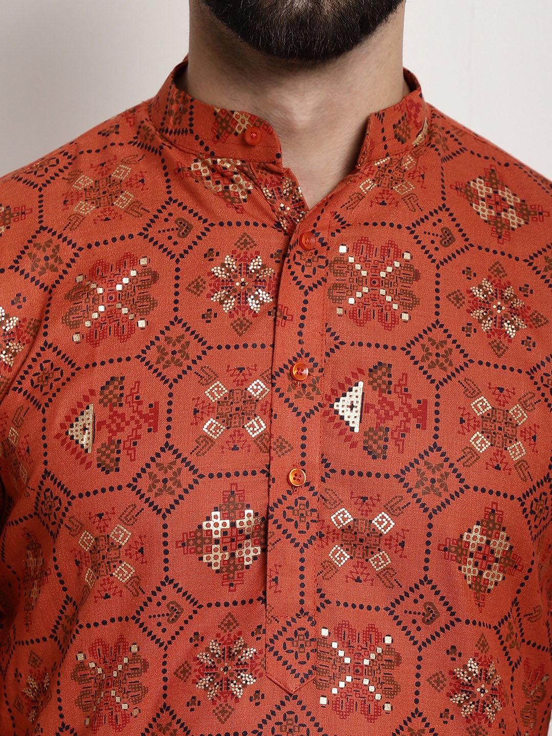 Sojanya Men Orange Printed Cotton Linen Kurta with Churidar 