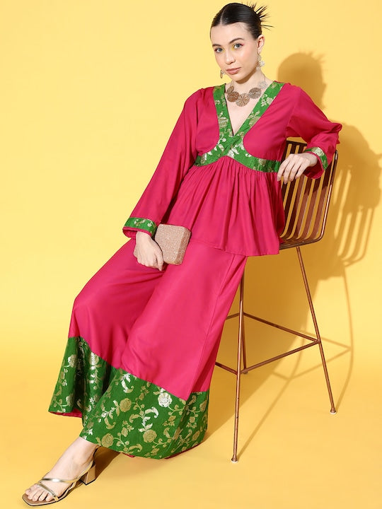 InWeave Women's Fuchsia Green Brocade Mughal Shaan Kurta Palazzo Set 