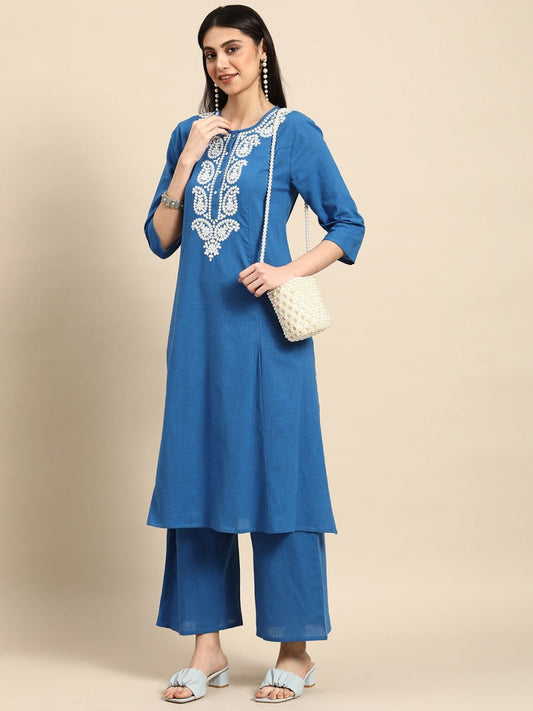 Anouk Women Chikankari Pure Cotton A-Line Kurta with Palazzos 