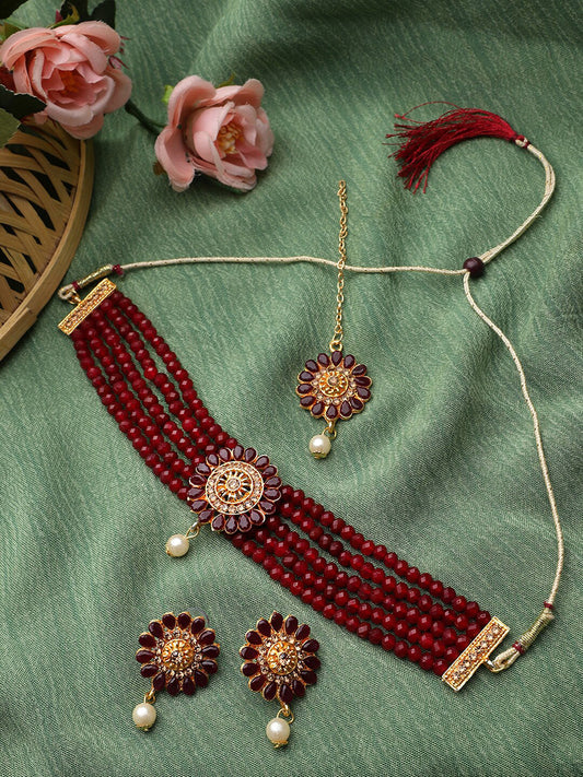 Cardinal Gold-Plated Maroon Onyx-Studded & Beaded Jewellery Set - Grab2buy