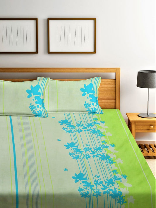 Home Sizzler Green & Blue Floral Cotton 210 TC Queen Bedsheet with 2 Pillow Covers 