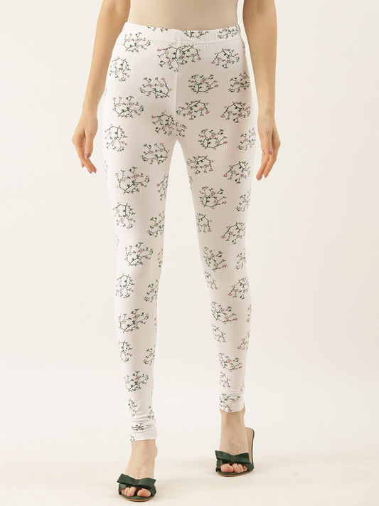 Souchii White & Green Printed Slim-Fit Ankle-Length Leggings