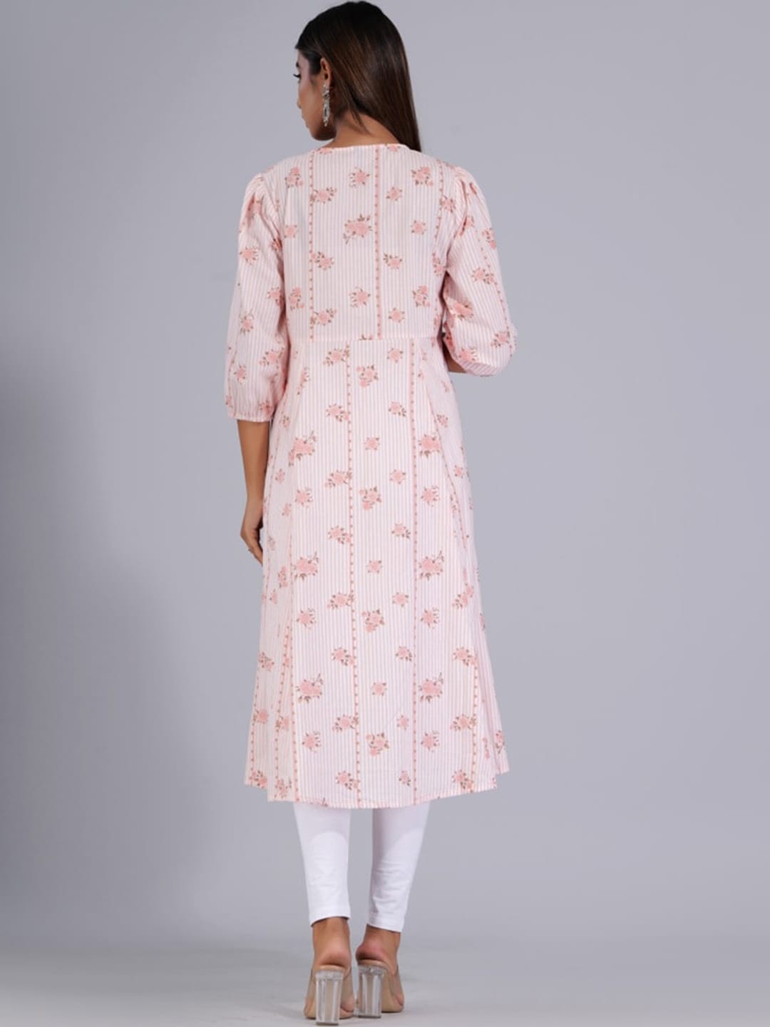 HERE&NOW Peach & White Floral Printed Tie-Up Neck Cotton A-Line Kurta