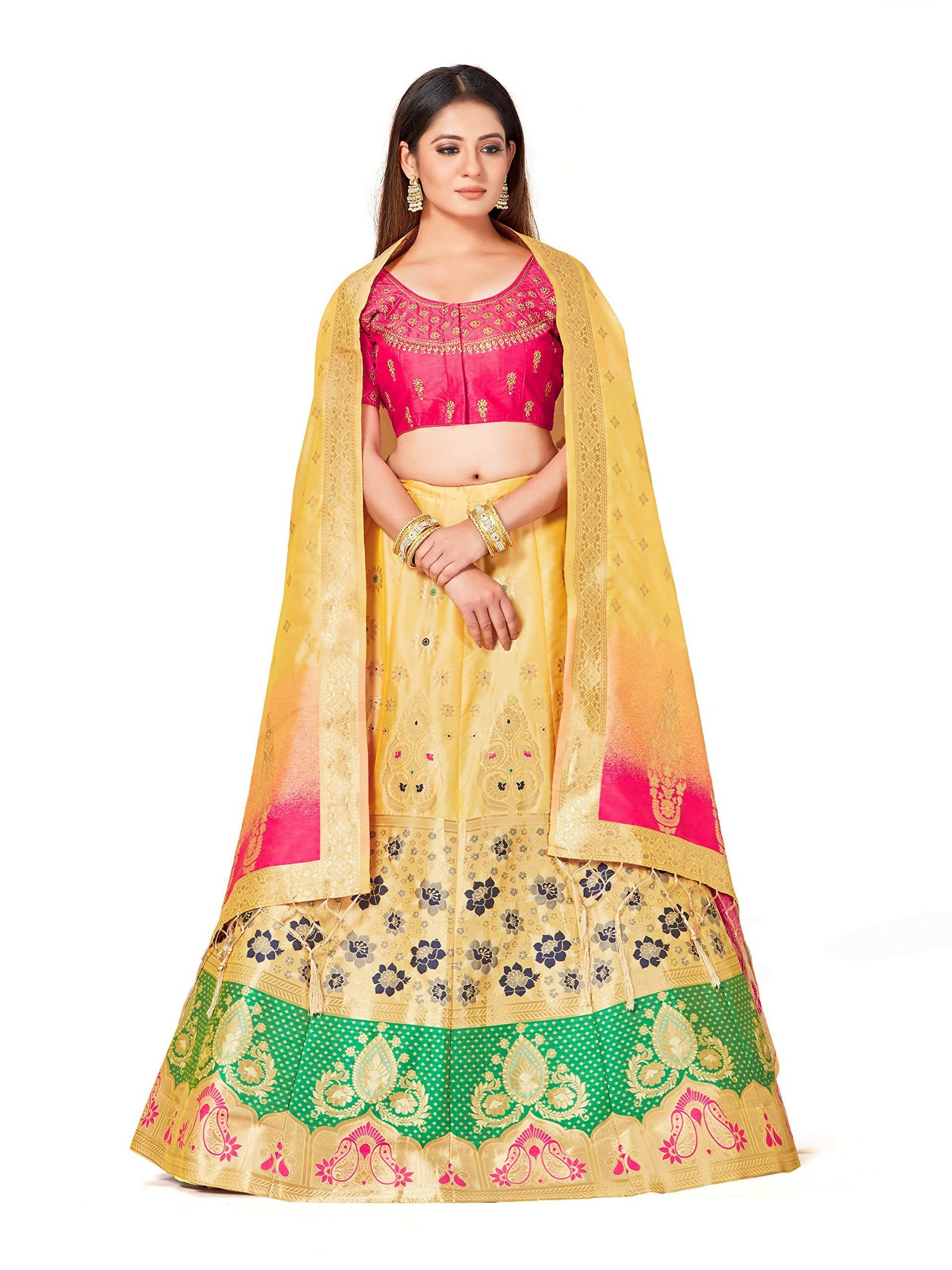 Mimosa Women's Semi-Stitched Art Silk Yellow Lehenga Choli with Dupatta