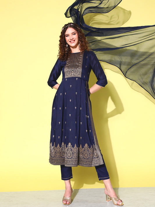 Sangria Floral Yoke Design Pleated Chanderi Silk Kurta with Trousers & With Dupatta - Grab2buy