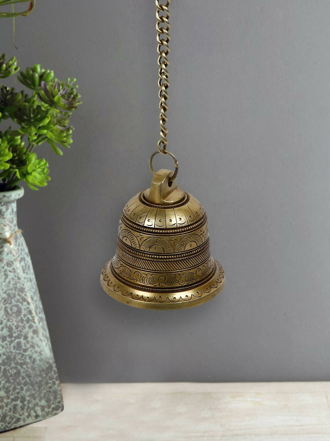 CraftVatika Gold-Toned Brass Hanging Bell with Attached Chain & Hook 