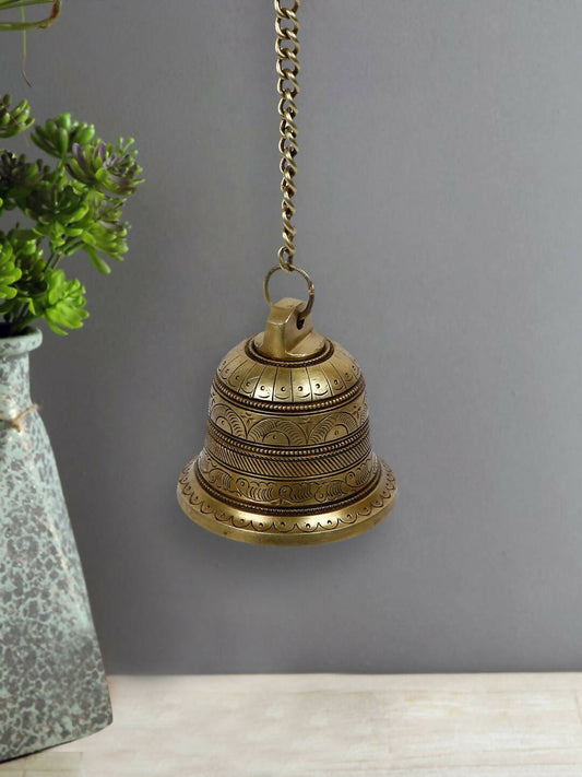 CraftVatika Gold-Toned Brass Hanging Bell with Attached Chain & Hook 