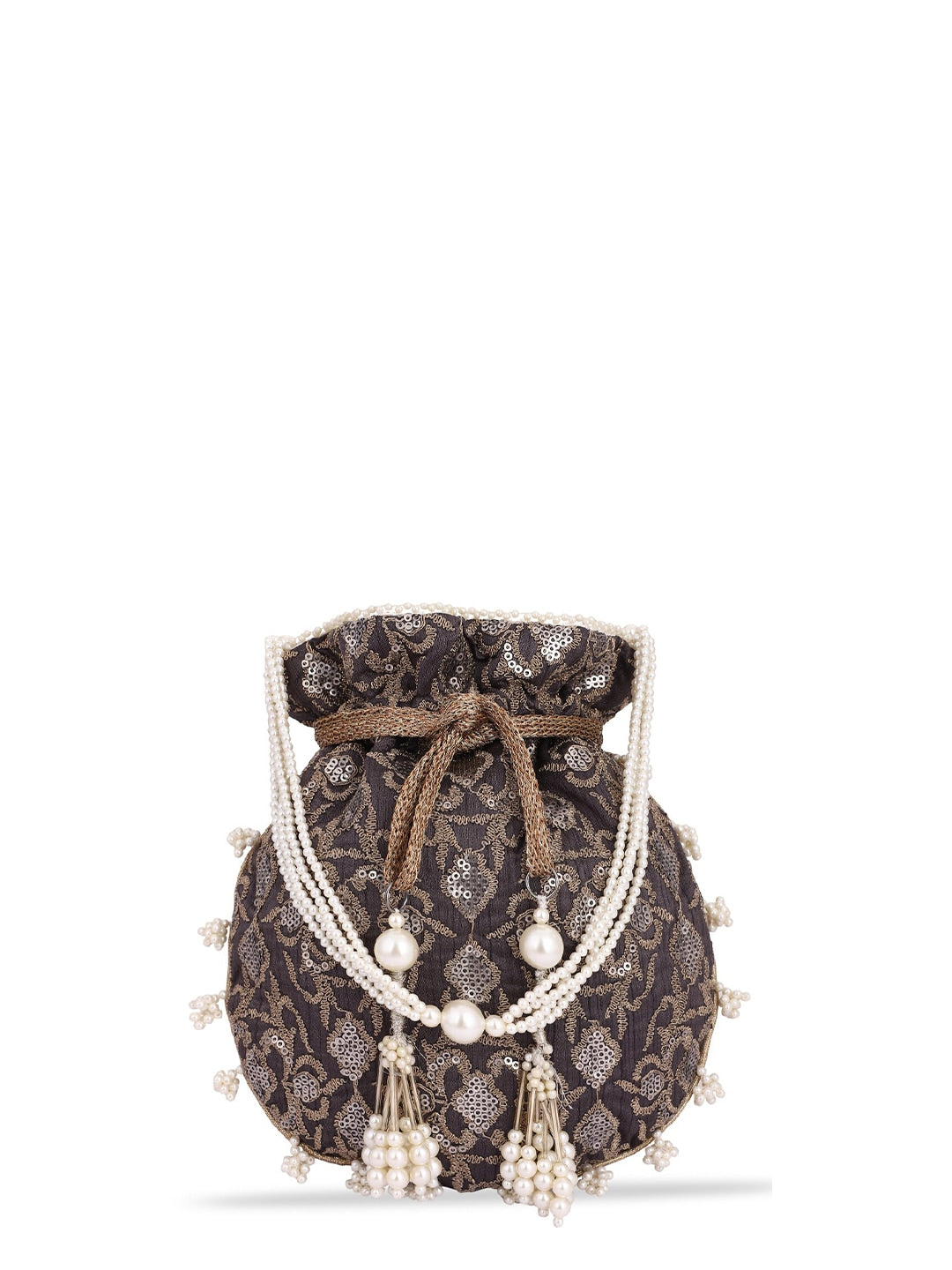 Masq Black & White Pearl & Sequinned Work Embellished Potli Clutch - Grab2buy