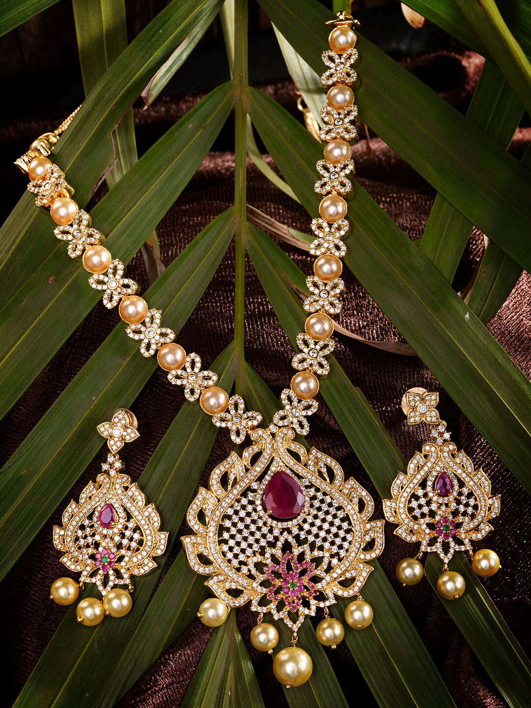 Saraf RS Jewellery Gold-Plated White & Pink American Diamond Studded & Beaded Handcrafted Jewellery Set - Grab2buy