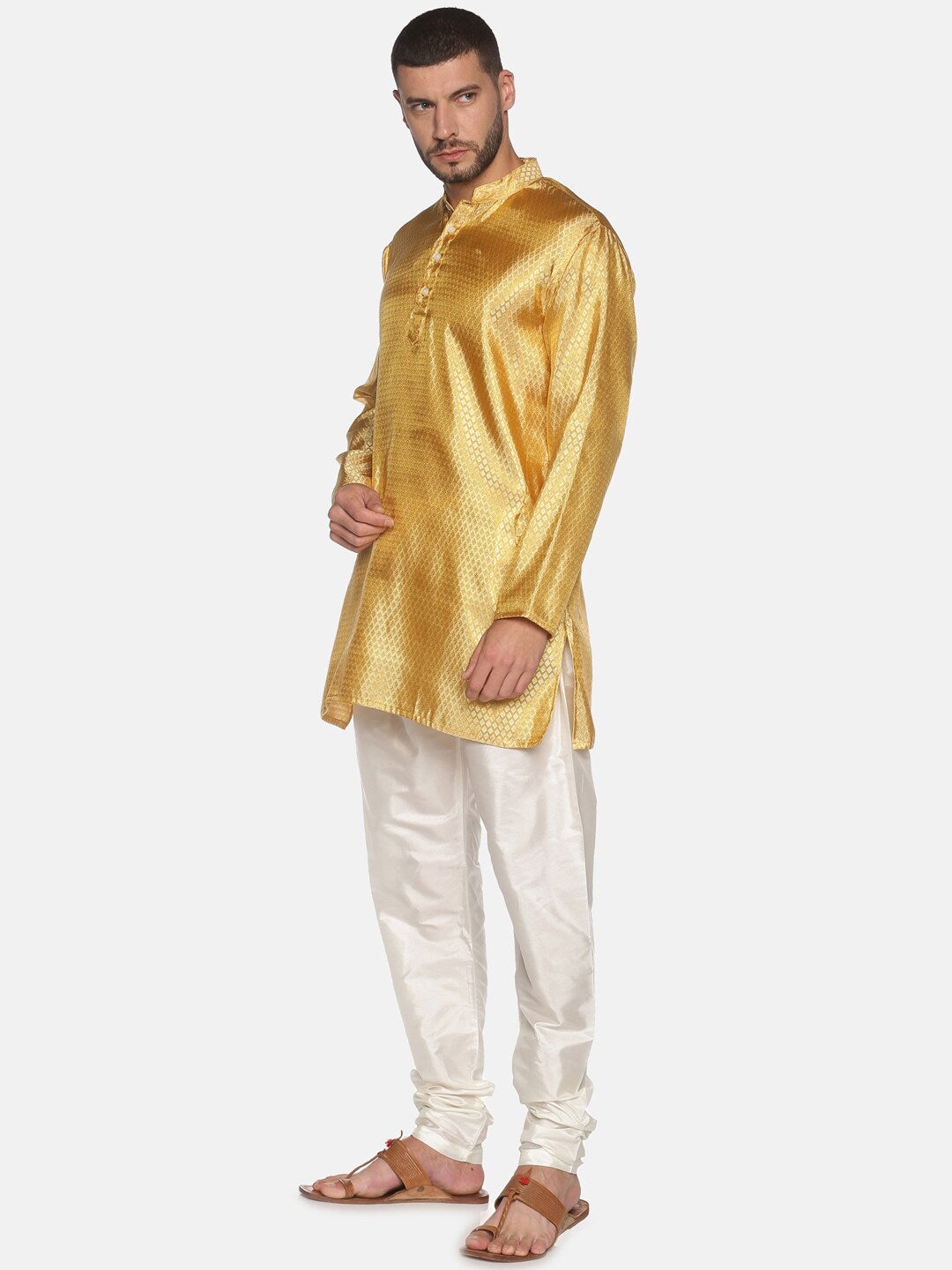 Sethukrishna Men Gold-Toned & White Kurta with Churidar