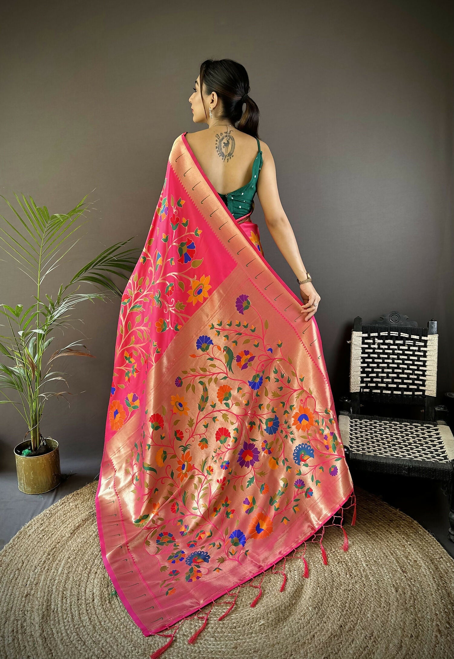 Joban Fashion Reddish Pink Zari Woven Floral Motifs Soft Silk Paithani Silk Saree