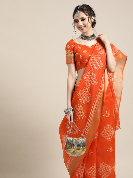 Saree Mall Ethnic Motifs Linen Blend Saree with Woven Design Border
