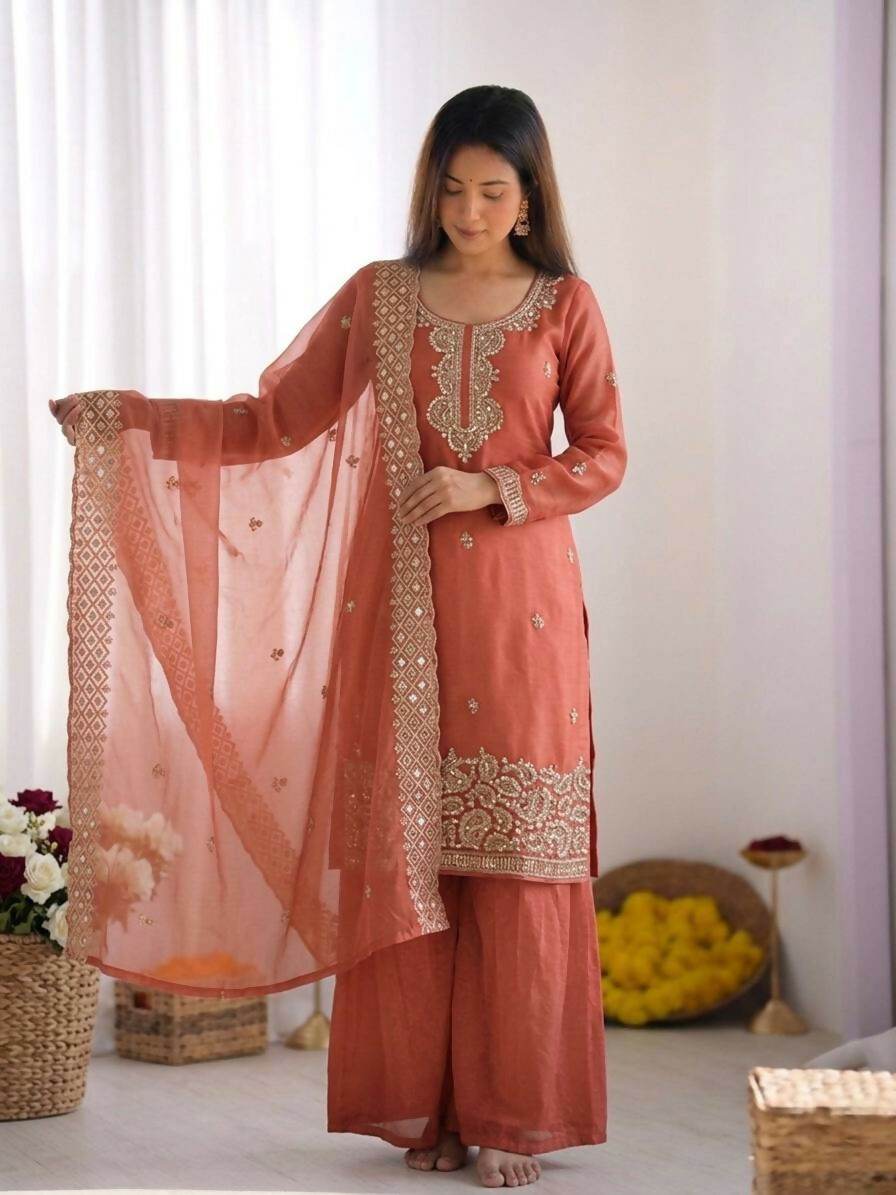 Teeya Creation Womens New Trendy Stylish Embroidery Beads Work Palazzo Kurta Set -Peach