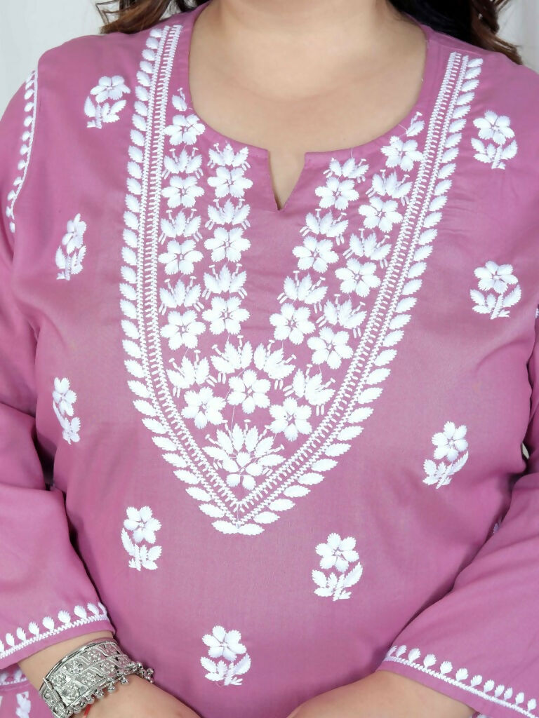 Miravan Women's Plus Size Chikankari Embroidery Pink Straight Kurta And Palazzo Set 