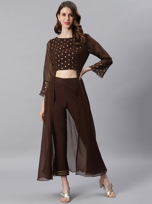 Janasya Women Brown High Slit Floor Length Anarkali Kurta & Trousers