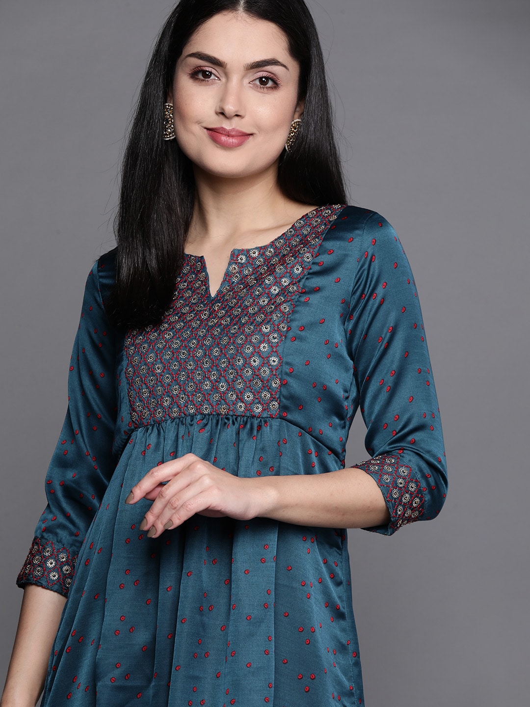 Biba Women Teal Geometric Embellished Kurta - Grab2buy
