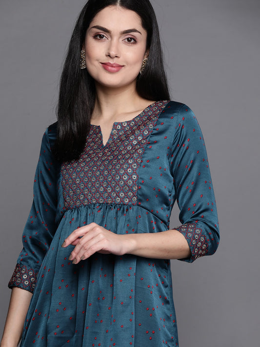 Biba Women Teal Geometric Embellished Kurta - Grab2buy