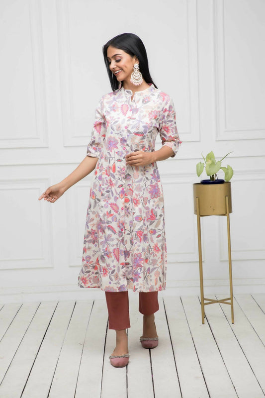 Myshka Women Cotton A-Line Round Neck Multi Floral Kurtas - Grab2buy