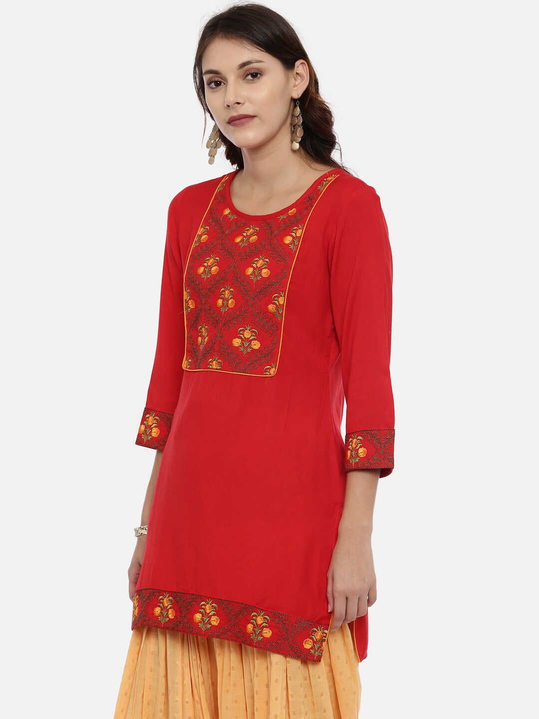 Souchii Women Red & Yellow Floral Yoke Design Kurta 