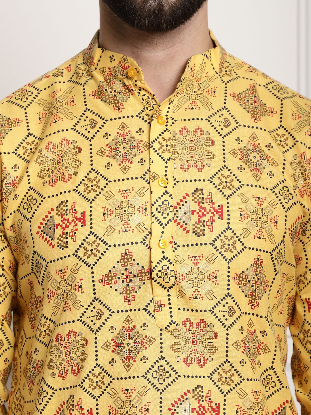 Sojanya Men Yellow Ethnic Motifs Printed Kurta with Churidar 