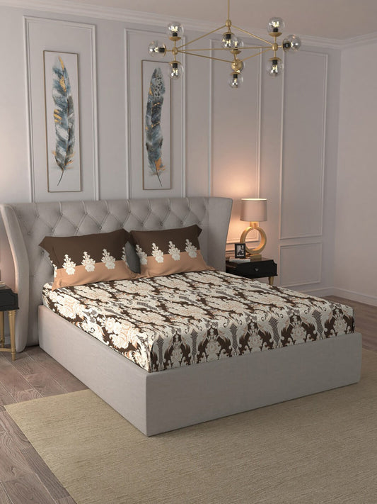 MYTRIDENT Brown White Ethnic Motifs Cotton 144 TC Queen Bedsheet With 2 Pillow Covers 