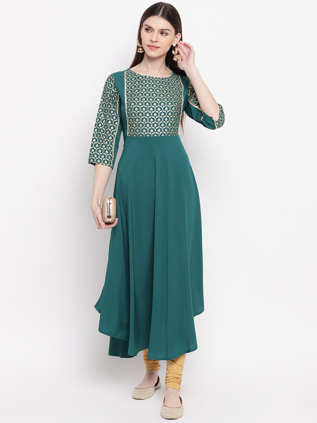 Janasya Women Teal Ethnic Motifs Yoke Design Crepe Anarkali Kurta