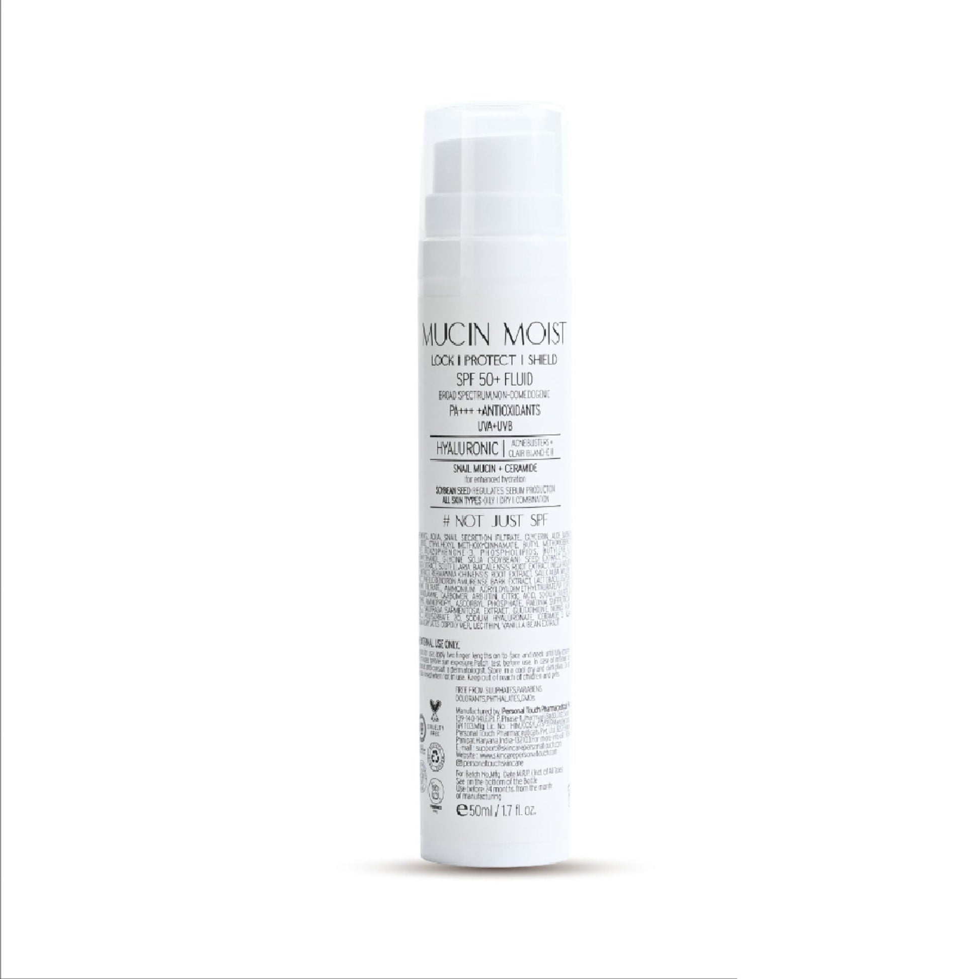 Personal Touch Skincare Mucin Moist Fluid Sunscreen SPF 50+ PA+++ UVA/UVB To Minimizes Pores