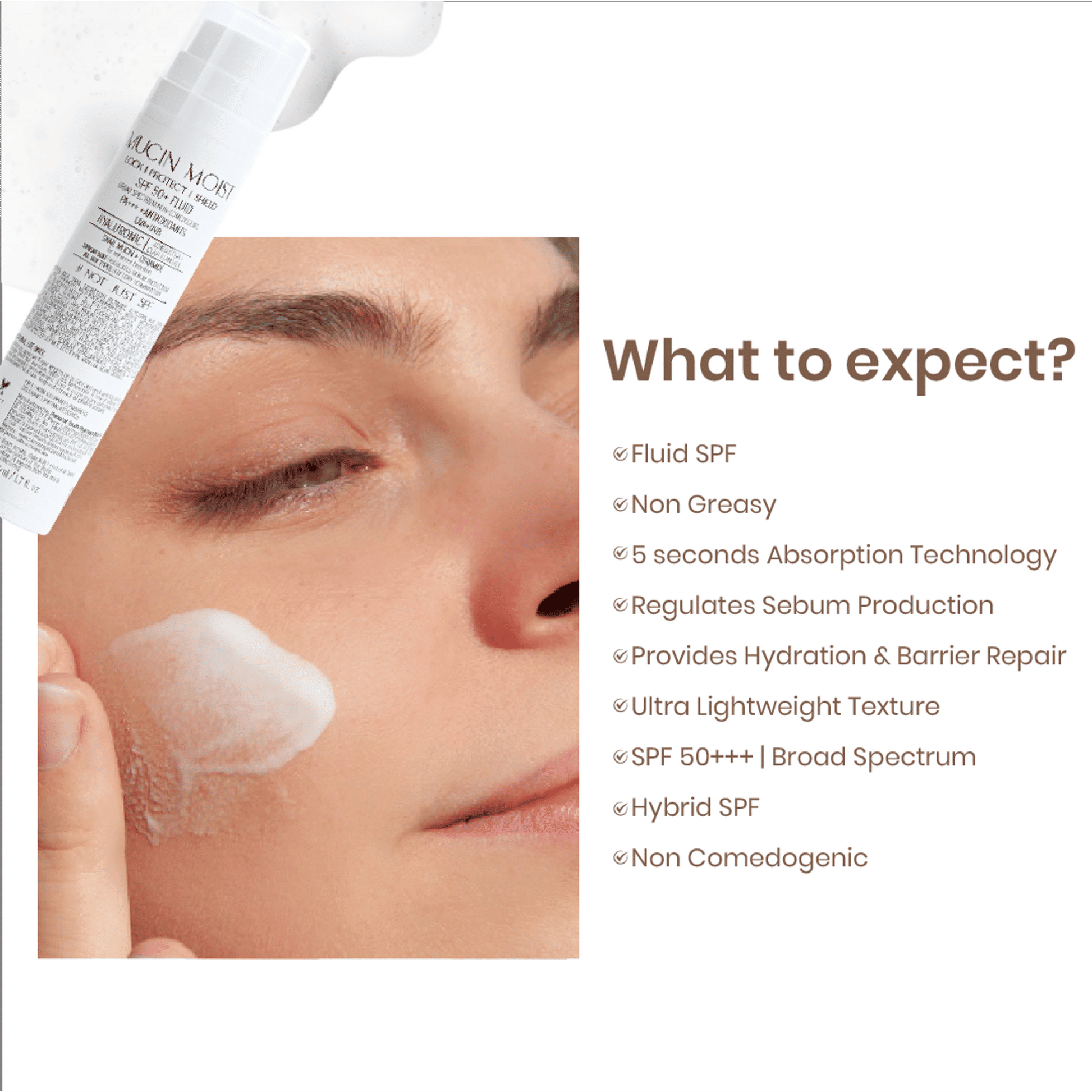 Personal Touch Skincare Mucin Moist Fluid Sunscreen SPF 50+ PA+++ UVA/UVB To Minimizes Pores