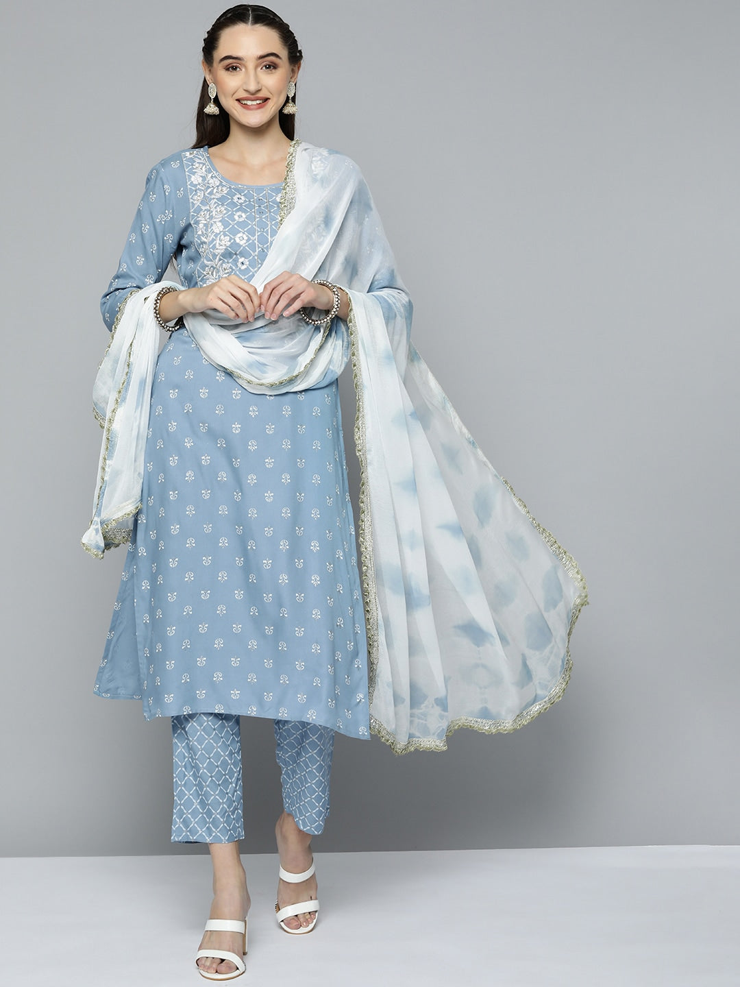 HERE&NOW Women Blue & White Ethnic Embroidered Kurta with Trousers & With Dupatta