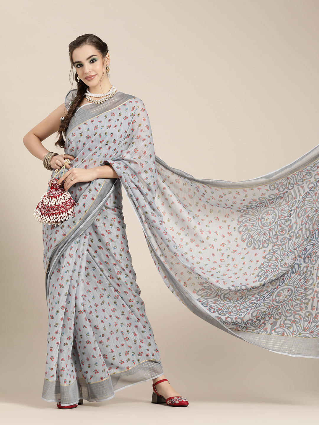 Saree Mall Grey & Maroon Floral Linen Blend Chanderi Saree