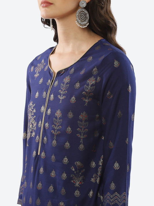 Biba Women Blue Ethnic Motifs Printed Rayon Kurta - Grab2buy