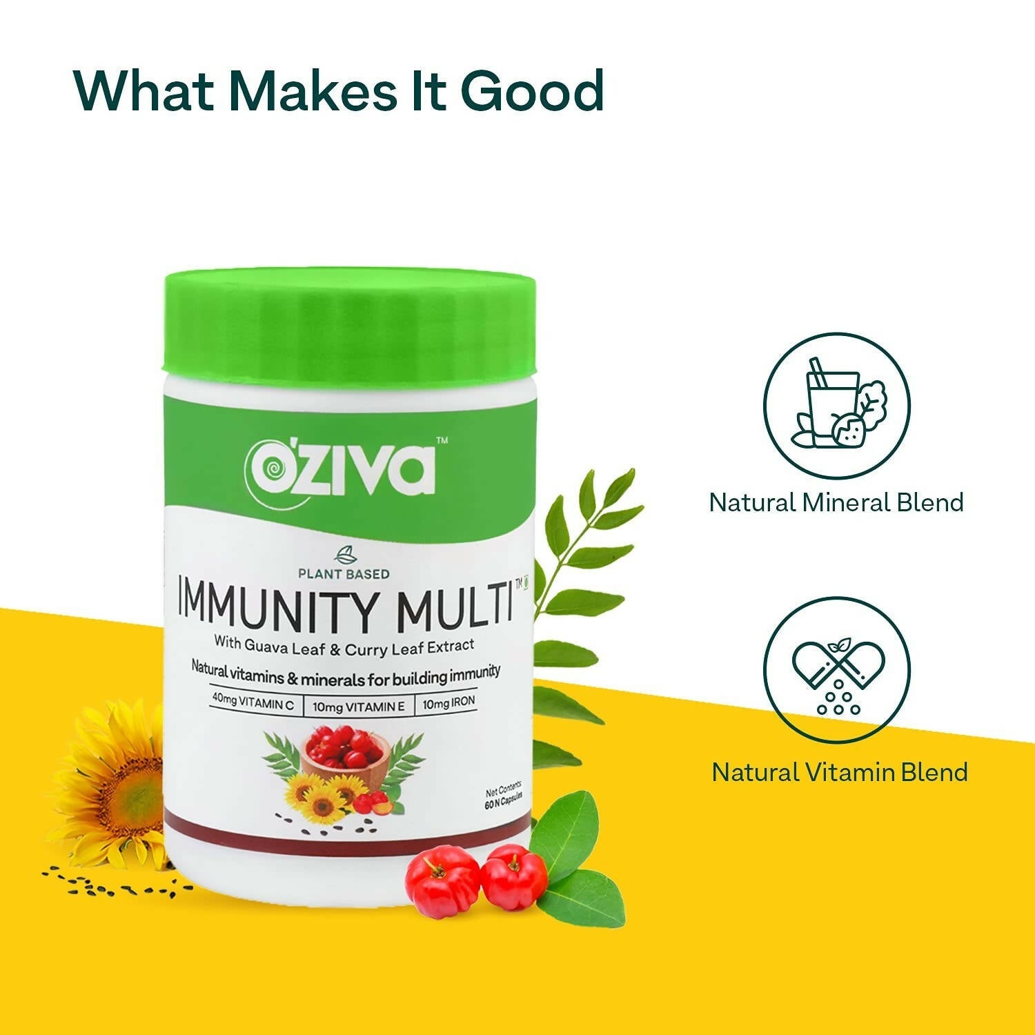 OZiva Plant Based Immunity Multivitamin with Guava Leaf & Curry Leaf Extract Capsules - Grab2buy