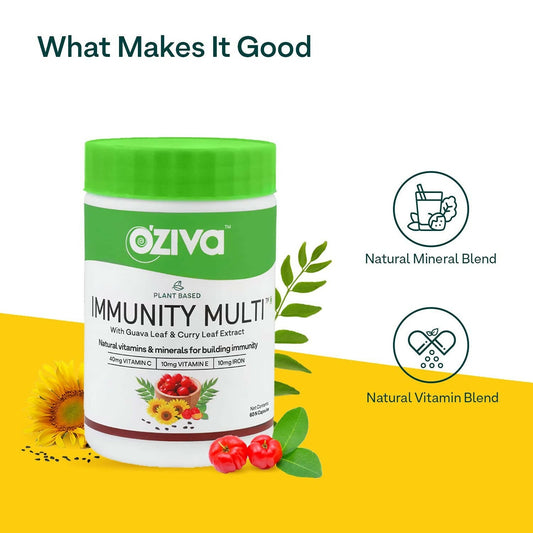 OZiva Plant Based Immunity Multivitamin with Guava Leaf & Curry Leaf Extract Capsules - Grab2buy
