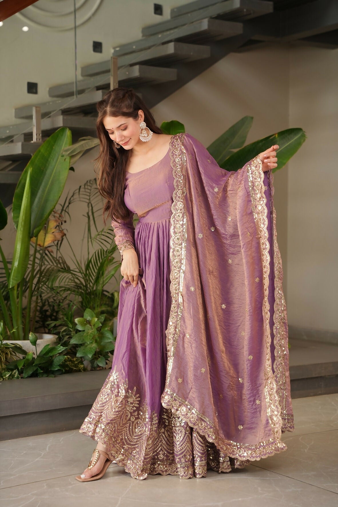 Teeya Creation Onion Color Fendy Silk Wedding Wear Embroidery Work Long Gown