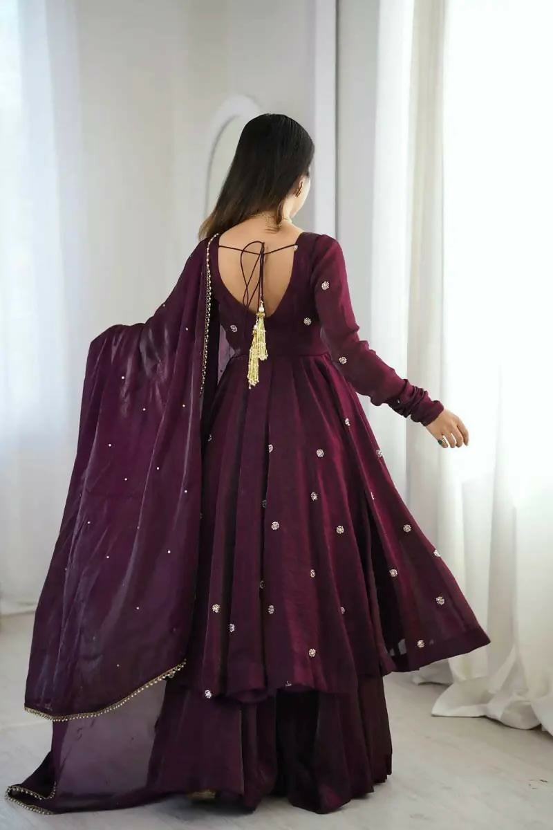 Teeya Creation Violet Crunchy Silk Embroidery Work Designer Suit