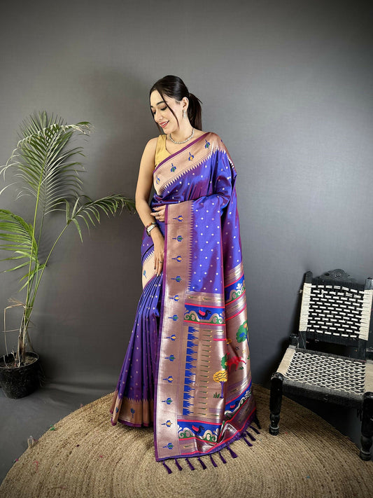 Joban Fashion Purple Peacock & Floral Motifs Soft Lichi Silk Kanchipuram Saree