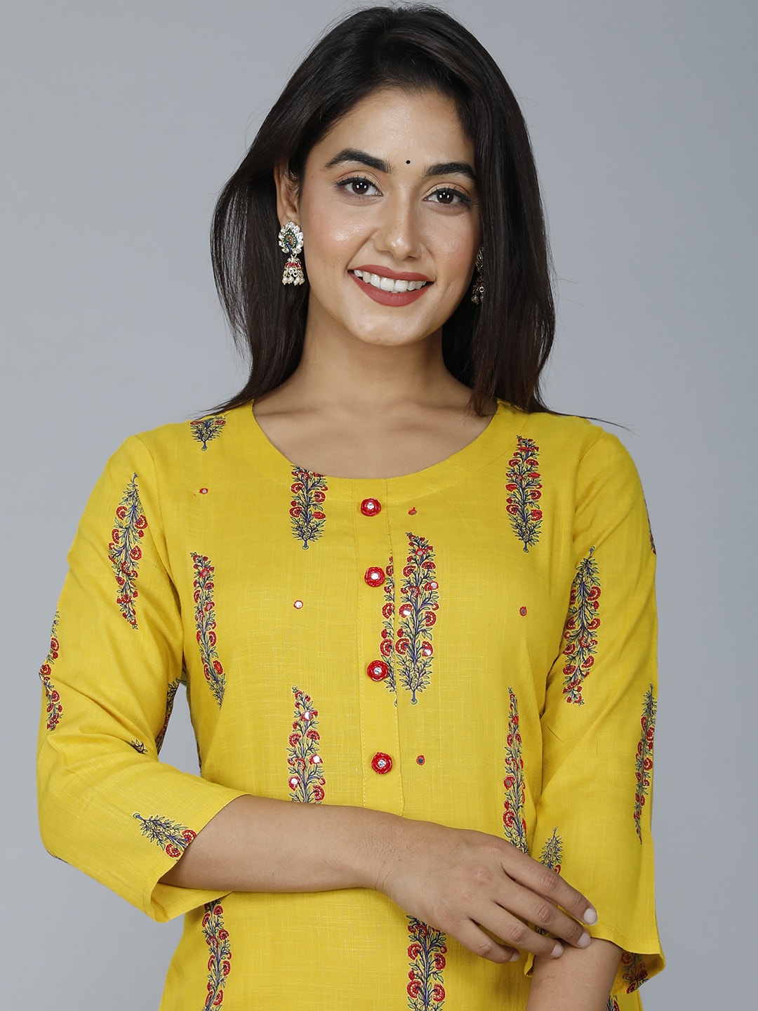 HERE&NOW Women Mustard Yellow Floral Mirror Work Floral Kurta