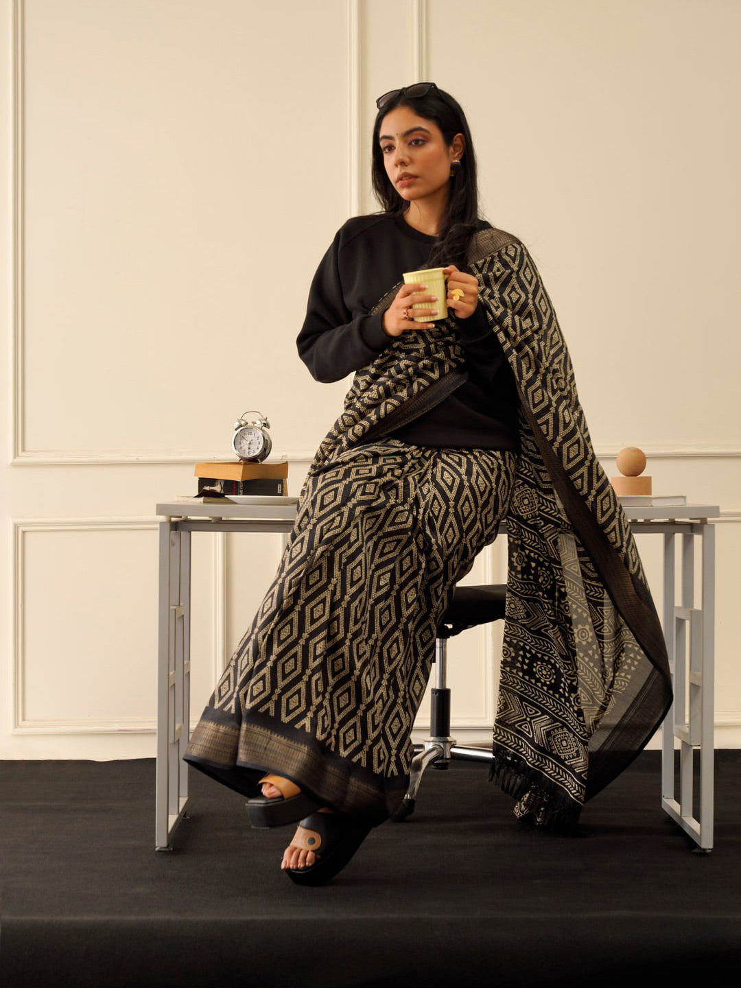 Tikhi Imli Black & Gold Geometric Printed Ready To Wear Grab2Buy 
