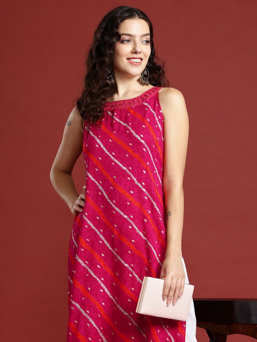 Anouk Leheriya Printed Halter Neck Thread Work Kurta | Grab2Buy