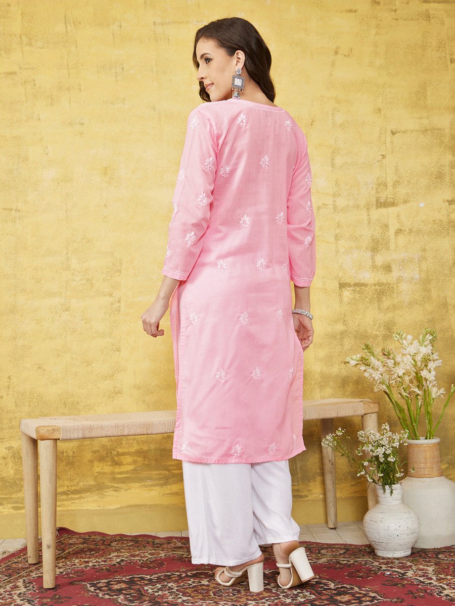 ADA Women Pink & White Chikankari Embroidered Straight Sustainable Handloom Kurta 
