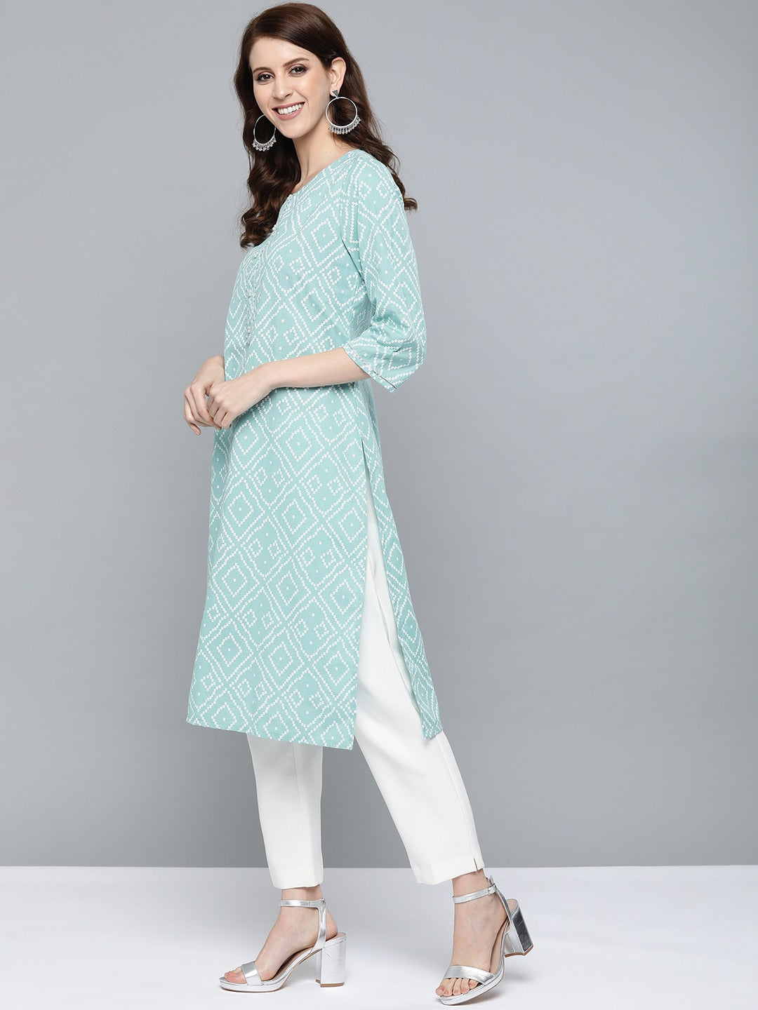 HERE&NOW Women Green & White Bandhani Print Straight Kurta 