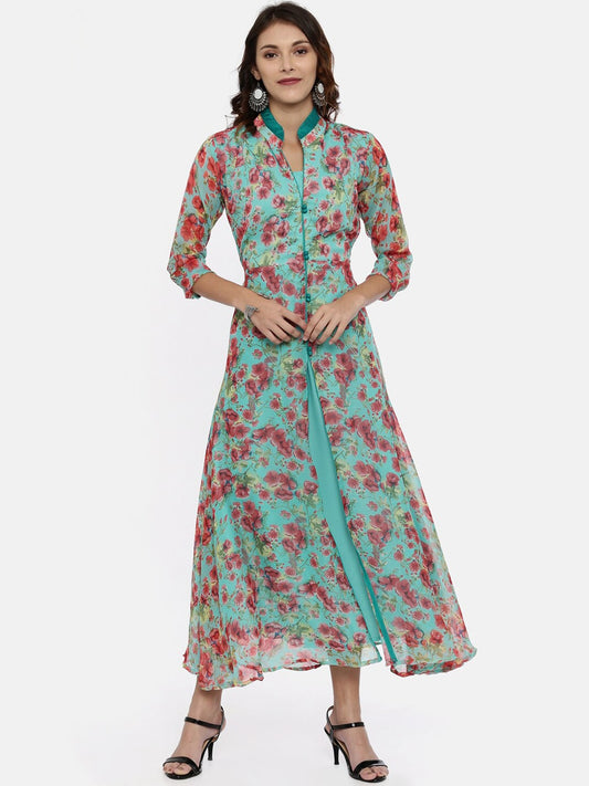 Souchii Turquoise Blue & Pink Floral Print Ethnic Maxi Dress | Grab2Buy