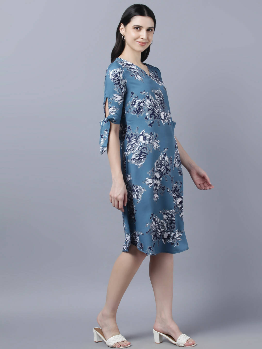 Myshka Women Teal Blue Grey Printed A-line Dress