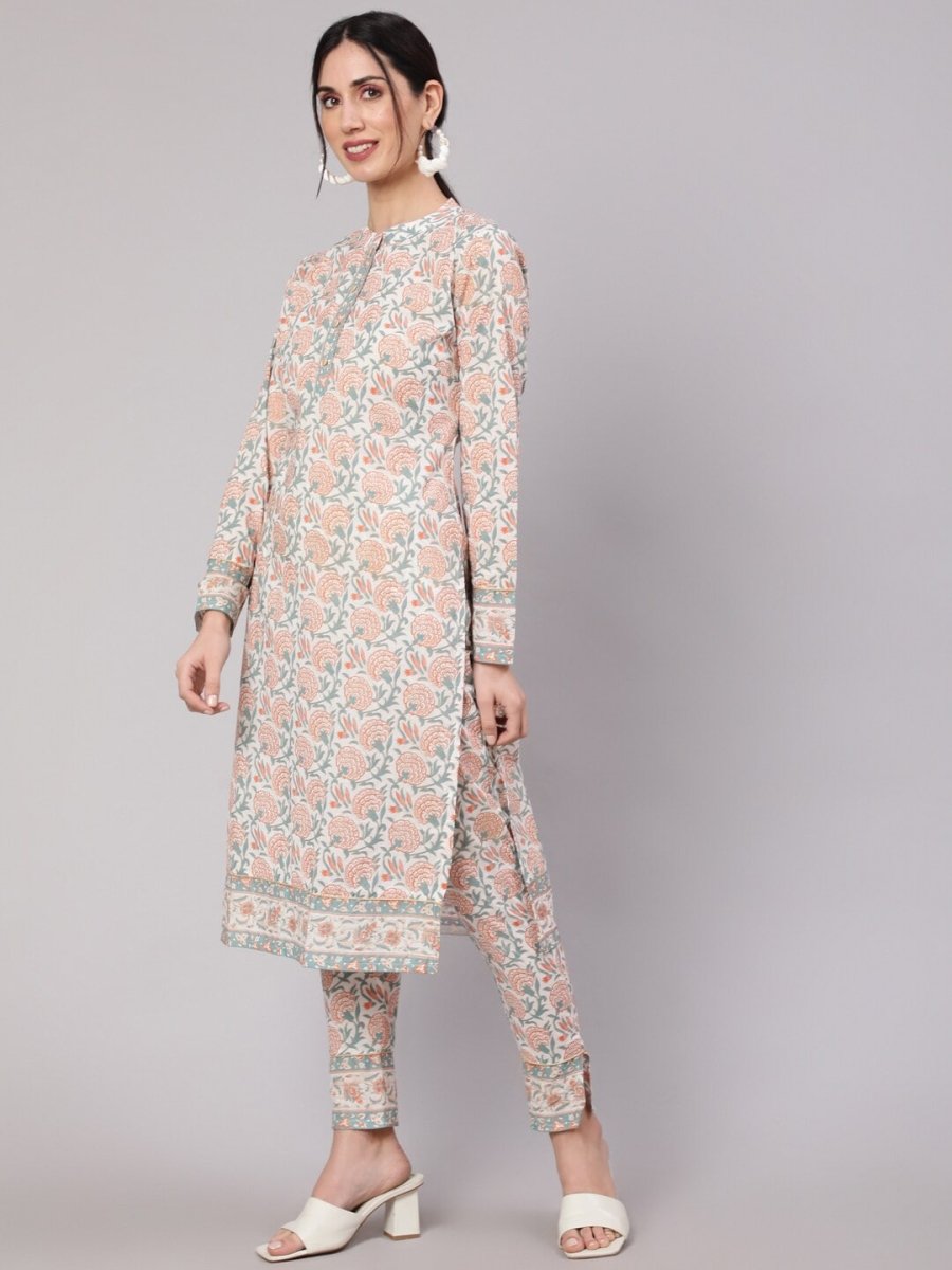 Aks Floral Printed Pure Cotton Kurta With Trousers
